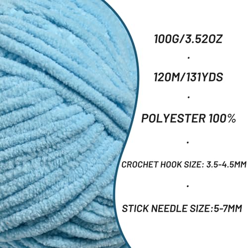 3 Packs Plush Chenille Chunky Crochet Yarn - Baby Yarn for Crocheting Soft - Velvet Yarns Knitting for Blankets Crafts - Fluffy Amigurumi Yarns 300g / 393yd (3 Azure) - color: 3 Azure