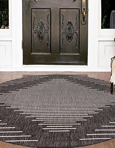 Unique Loom Outdoor Modern Collection Area Rug - Tambor (10' 8" Round, Charcoal Gray/ Ivory) - color: Charcoal Gray/Ivory, size: 10'8" (Round)