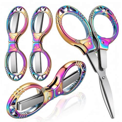NAHSHON 4 Pcs Folding Stainless Steel Portable Mini Travel Badge Scissors | Foldable Safety Pocket Small Scissors All Purpose for Nurse Accessories, Travel, Office, Craft, Sewing, Home, School (Color) - color: Colorful