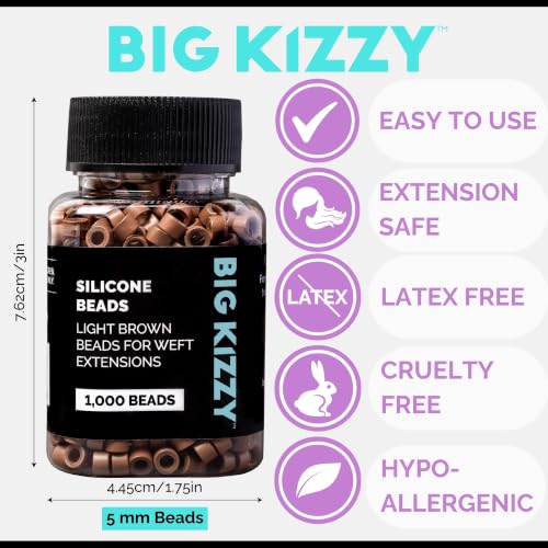 Big Kizzy Silicone Lined Microlink Beads 1000pcs 5.0mm (Light Brown) | for Invisible Application of Weft Hair Extensions - color: Light Brown, size: 1000 beads