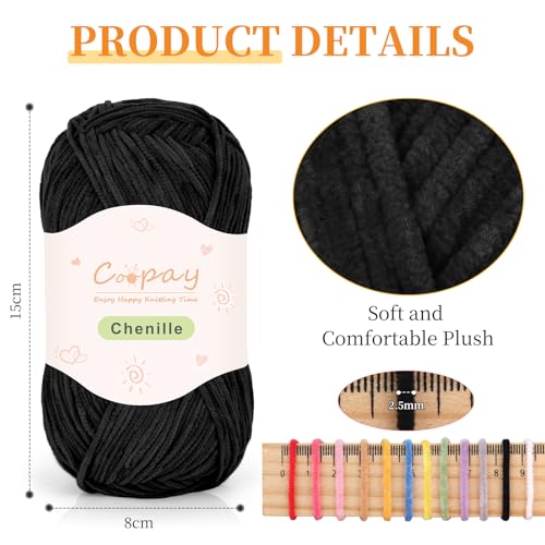 Coopay Skinny Chenille Yarn, Soft Yarn for Crochet & Knitting, Black | Crochet Yarn Set - 600g Total, Soft Velvet Yarn for Colorful Crafts, Blankets, Plush Dolls, Decorative Handmade Works - color: Black, size: #2 Thin