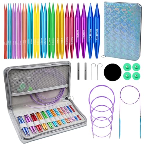 Yarniss 4-Inch Circular Knitting Needle Set with Case,Size 3.0~10.0mm | 13 Pairs Interchangeable Aluminum Knitting Needles with 4 Cables - color: Blue