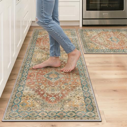 GENIMO Kitchen Rugs Set of 2, Washable Non Slip Cushioned Mats for Floor | 20"x32"&20"x48", Retrobrick vintage boho rug, soft faux cashmere, low pile, easy-clean for laundry, entryway, sink, farmhouse - color: Retrobrick, size: 20"x32"+20"x48"