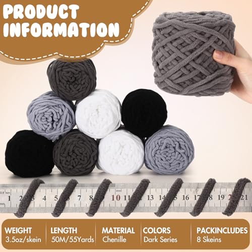Buryeah 8 Pack Chunky Chenille Yarn for Crocheting, Dark Series | Soft Thick Fluffy Yarn for Hand Knitting, Bulky Velvet Blanket Plush for Weaving, DIY Crafts, Each 3.5 oz 55 Yards - color: Dark Series