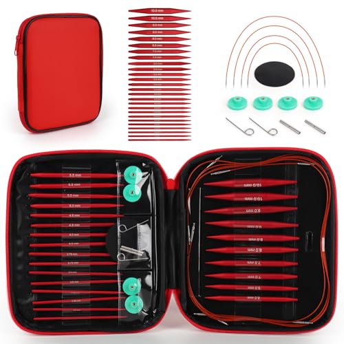 Interchangeable Circular Knitting Needles Set, 13 Pairs (26pcs) Matte Red Aluminum Knitting Needles Kit, Sizes 3.0mm–10.0mm, Knitting Needle Case & Accessories for Knitting Beginners & Advanced - color: Matte Red