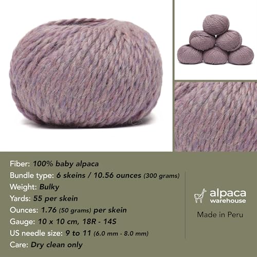 100% Baby Alpaca Yarn 6 Skeins 300g Bulky Weight Knitting Crochet H. Lilac | Made in Peru with natural warmth and softness featuring 324yd of premium fiber ideal for scarves shawls sweaters and more - color: Heather Lilac, size: Bulky - 6 Skeins