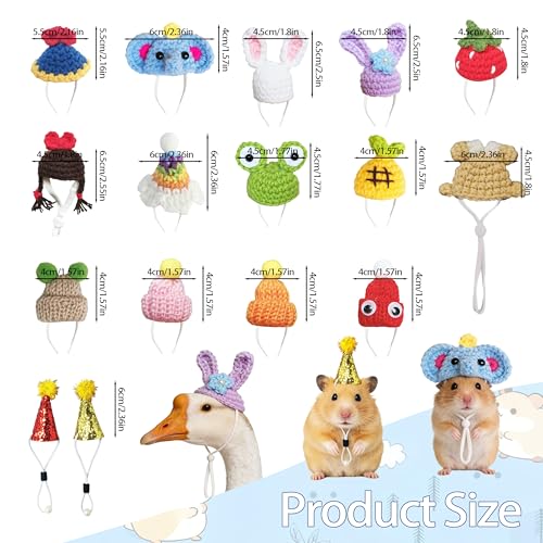 16Pcs Chicken Hats Adjustable Mini Hat, Hand Knitted Desk Goose Outfits kit | Small Animals Cap for Real Hamster, Lizard Dragon, Bird, Ferret, Chicken, Hamster Hats Outfits, Party Costume Accessories