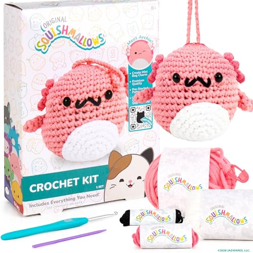 Original Squishmallows™ Crochet Kit – Archie Bag Charm, Axolotl Crochet Kit for Beginners with Yarn, Starter Hooks, Step-by-Step Tutorials, DIY Craft, Great Teen Gifts - color: Squishmallows Archie