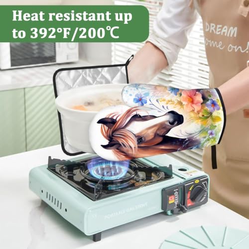 Watercolor Horse Flowers Oven Mitts and Pot Holders Sets 4 Pcs Silicone Colorful Kitchen Gloves Heat Resistant Potholders for Baking Grilling BBQ - color: Colorful Flower Horse