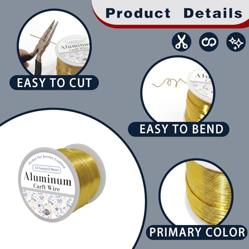 12 Gauge Aluminum Craft Wire Gold 80FT 2mm, Jewelry Making, Flexible Bendable Armature Wire for Sculpting, Floral Crafts, Metal Wire Wrapping, DIY Art Projects & Wreath Making - color: Gold, size: 12gauge