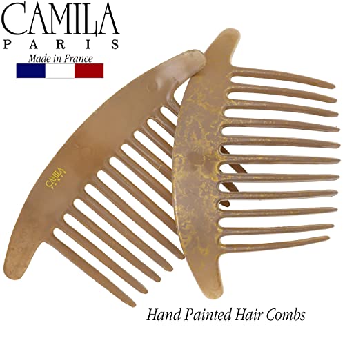 Camila Paris CP2941 French Hair Side Combs, Beige Pearl Interlocking Combs French Twist Hair Combs, Strong Hold Hair Clips for Women Bun Chignon Up-Do, Styling Girls Hair Accessories, Made in France - color: Brown