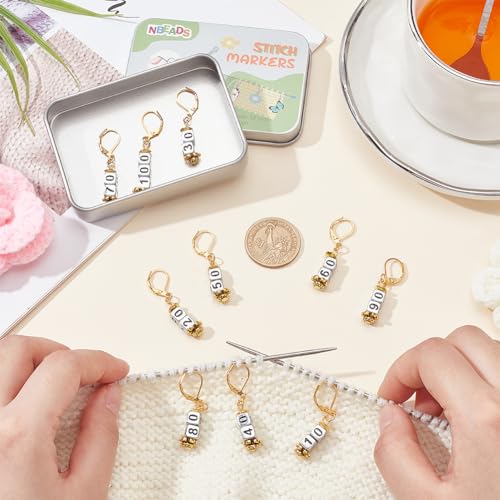 NBEADS 10 Pcs Number 10-100 Acrylic Beads Stitch Markers, Square Number Bead Crochet Knitting Stitch Marker with Leverback Loop Locking, Golden