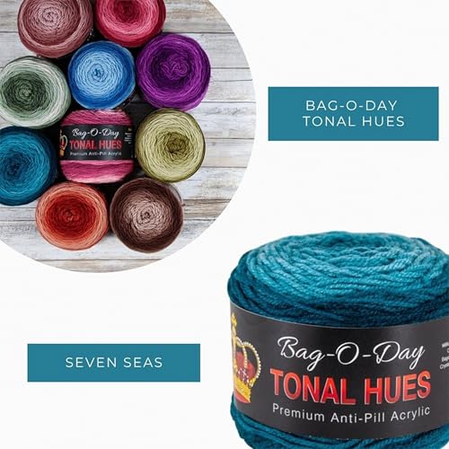 Mary Maxim Bag-O-Day Tonal Hues Ombre Yarn for Crocheting and Knitting, Medium Worsted Weight Anti-Pilling Acrylic Yarn Cake - 280 Yards, 5.3 OZ, Seven Seas - color: Seven Seas