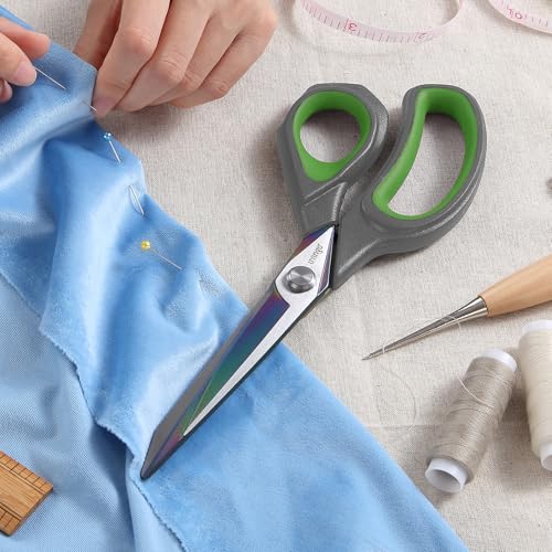 LIVINGO Fabric Scissors 9.5" Professional Sewing Shears All Purpose | Titanium Coated Steel Blade, Precision Cutting Control, Cloth Paper Leather Crafting Supplies - color: Gray / Green, size: 9.5"