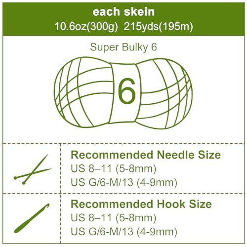 Chunky Chenille Yarn #6 Super Bulky Soft Fluffy Crochet | Easy care & beginner-friendly. Choose 0.66lb or 1.76lb. Perfect for blankets, hats, scarves, home decor. Machine washable. - color: Green, size: 0.66LB/215yds