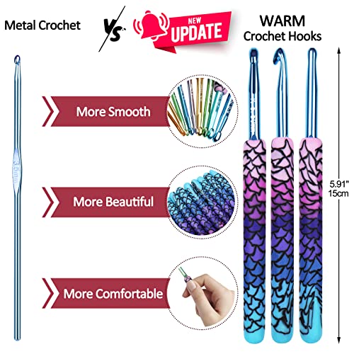 Coopay Warm Crochet Hooks, Soft Crochet Hooks Set for Pro.-Purple Mermaid | 9 Size 2.25- 6.5mm Ergonomic Handle Mermaid Extra Long Crochet Needles for Arthritic Crocheting Yarn Craft Set, Ideal Gift - color: Purple Mermaid