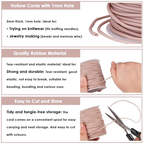 Rubber Tube Cord 54 Yards 2mm Light Rosy Brown Keeper with 1mm Hole | Tubing Knitting Barber Cord Hollow Rubber Pipe with Spool for Knitting Projects Jewelry Making and Bead Creations - color: Rosy Brown