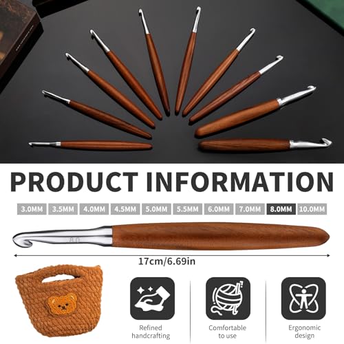 Lunarm Crochet Hook 8.0mm Ergonomic Crochet Aluminum Hook Wood Handle | Available in 3mm-10mm for Arthritic Hands DIY Craft Knitting Bouquets, Blankets, Hats, Gloves from Various Yarns - size: 8.0mm