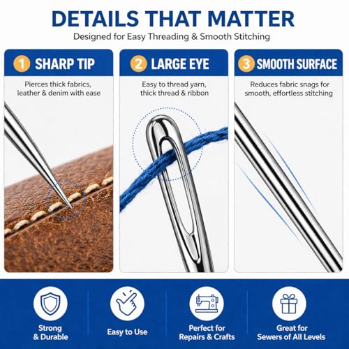 Sewing Needles, Embroidery Needles with Large Eye, 25 Pcs Hand Sewing Needle Set, Nickel-Plated High Carbon Steel with Aluminum Tube for Mending, Cross Stitch, Quilting & Crafts