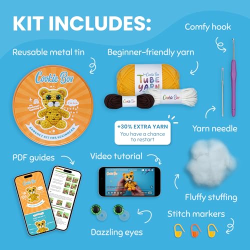 Cookie Box Crochet Kit for Beginners, Leopard Leo | All Materials Included, Step-by-Step Video Tutorials, PDF Patterns, Easy DIY Craft, Amigurumi and Knitting Gift Set - color: Yellow