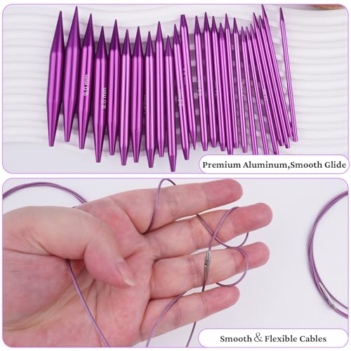 Hobekoee 13 Pairs Interchangeable Circular Knitting Needles Set | 3mm-10mm Interchangeable Aluminum Round Knitting Needles Set with 4 Memoryless Cables for DIY Knitting Lovers - color: Purple