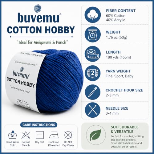 Cotton Hobby Yarn for Amigurumi Crochet & Knitting (Fuchsia) | 1.76 oz (50g) / 180 yds, 60% Cotton 40% Acrylic Blend Yarn, Soft Lightweight Baby Yarn, Punch Needle Projects - color: Fuchsia, size: 1 BALL