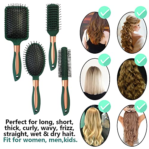 4 Pcs Hair Brush Set,Anti Static Massage Oval Comb,Detangling Brush Round Hair Brush Vent Hair Brush,Flexible Soft Pin Bristles for Long Thick Curly Wavy Dry Damaged Hair - color: Blackish Green