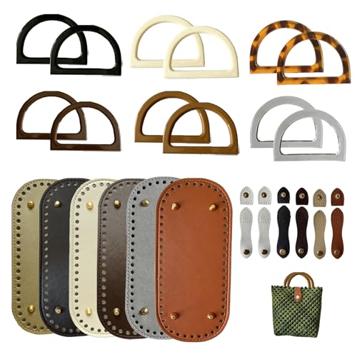 TQFXGLL 24 Pcs Pu Leather Crochet Bag Making Kits 6 Colors Oval Bag Bases | 12 Pcs D Shape Purse Handles, 6 Pcs Snap Buckles, DIY Craft Bags Making
