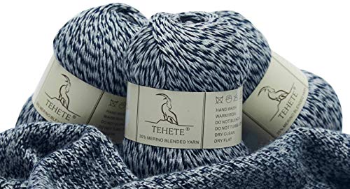 Merino Wool Yarn for Knitting 3-Ply Soft Lightweight 150g Crochet Yarn (White Grey) - color: White Grey, size: 3 Balls Pack