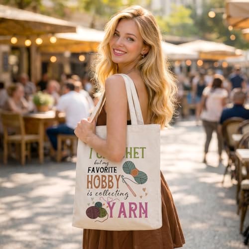 Crochet Yarn Canvas Tote Bag for Women, Funny Knitting Crochet Gifts | Reusable Grocery Shoulder Bag for Crocheters, Knitting Supplies Yarn Bags
