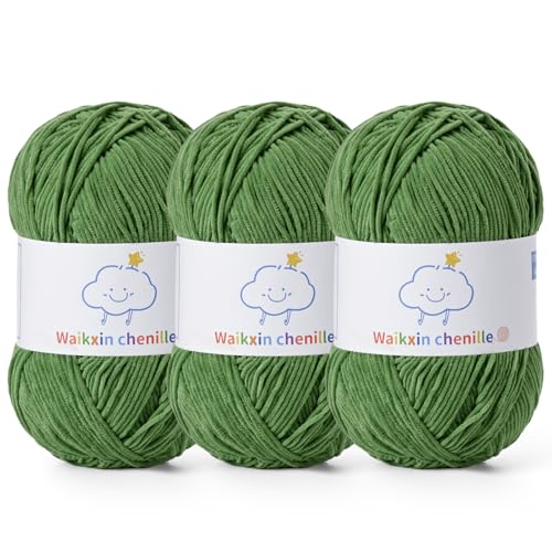 Fluffy Chenille Yarn for Crocheting，Baby Yarn for Crocheting Soft，3 Pack of 100g/3.5oz Velvet Amigurumi Yarn ，Fingering Weight Yarns for Crocheting Baby Blankets、DIY Craft.(3 Army Green) - color: 3 Army Green