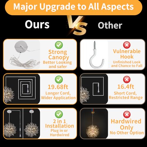 Plug in Crystal Chandeliers Firework, Dandelion Chandelier Modern, Gold Sputnik Pendant Light, 8 Light Hanging Ceiling Light Fixture G9 Socket for Dining Room Kitchen Bedroom Foyer Hallway Entryway - color: Gold