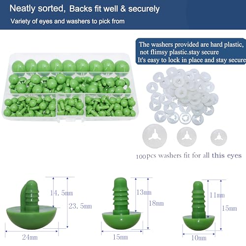Thalinfayi 200pcs 10/15/24mm Safety Eyes and Washers for Amigurumi Crochet | Green Plastic Crochet Craft Eyes for Stuffed Plush Animals, Crafts, Crochet Doll DIY Making Supplies ; Neatly Sorted by Size - color: Green