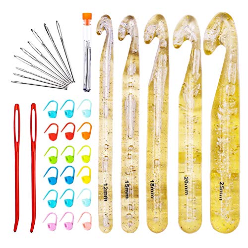 Mayboos 37 Pcs Large Crochet Hooks, 25mm 20mm 18mm 15mm 12mm Crochet Hooks | with 9 Pieces Large Eye Blunt Needles, Large Crochet Hooks for Chunky Yarn, Handmade DIY Crafts, Carpets, Scarves - size: 12mm-25mm