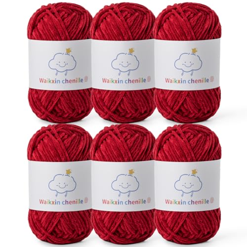 6 Pack of Skinny Chenille Yarn for Crocheting, Amigurumi Yarn&Baby Yarn for Crocheting Soft,10.58oz/656yds Fluffy Fingering Weight Velvet Yarn for DIY Crafts&Baby Blankets.(6 Burgundy) - color: 6 Burgundy