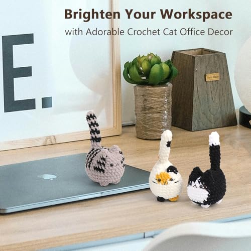 3 pcs Crochet Cats for Desk Decor, Cute Mini Handmade Knitted Cats for Shelf or Office Decor, Gifts for Women and Cat Lovers