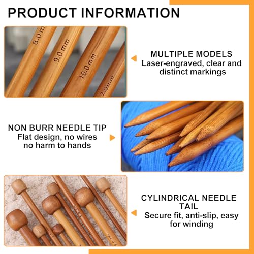 yeloumiss 7 Pairs Bamboo Knitting Needles Set Long Wooden Knitting Needles | Single Point (4-10mm) Bamboo Natural Straight Wood Needle for Beginners Sweater Shawl Scarf