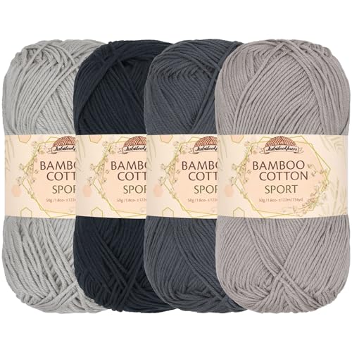 JubileeYarn Bamboo Cotton Sport Yarn - 50g/Skein - Shades of Grey - 4 Skeins - color: Shades of Grey, size: 4 Skeins