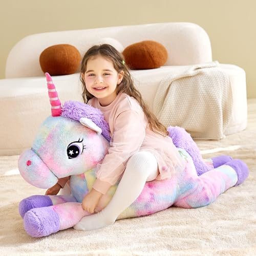 IKASA 43" Giant Unicorn Stuffed Animal, Super Soft, Zipper-Free Plush | Extra Plump Full Body Filling, Child-Safe One-Piece Design, Cute Hugging Pillow Gift for Kids, Girls & Adults - color: Multicolored