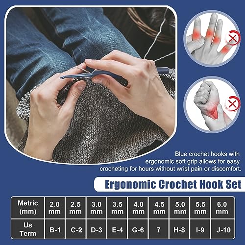 Coopay Dark Blue Crochet Hooks, Soft Crochet Hook Set for Arthritic Hands | 9pcs 2.0-6.0mm Soft Touch Crochet Needles Ergonomic Soft Grips for Beginners/Professionals, Exquisite Crocheter Gifts - color: Dark Blue