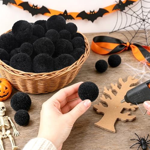SEPGLITTER 60Pcs Large Halloween Black Yarn Pom Poms for DIY Crafts Decor | 1.5 and 1 Inch, Black Yarn Puff Balls, Crush-Proof, Halloween Pompoms for Wreath Garland Costume DIY Arts, Decoration Supply - style: Black Style