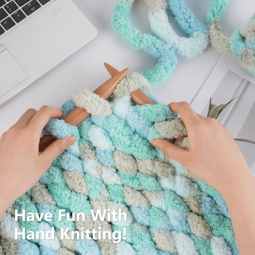 Cozyful Chunky Yarn for Hand Knitting - #10 Chunky Chenille Blanket Yarn, Jumbo Big Thick Chunky Yarns for Crocheting, Tie Dye Bulky Knit Yarns, 8 Skein (20 yds 8 oz Each Skein), Khaki & Teal & Blue - color: Khaki & Teal & Blue