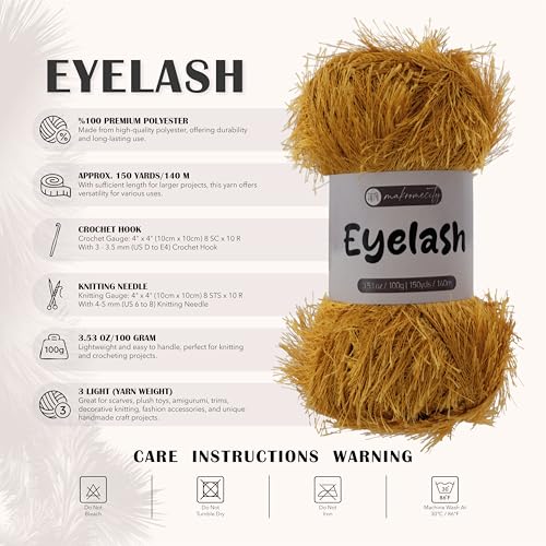 Makromecity Eyelash Yarn – Fuzzy Fun Fur Yarn, 3.53 Oz (100g) 150 yd (140m), Weight 3 Light, Premium Polyester Novelty Feather Yarn for Scarves, Amigurumi, Plush Toys & Craft (Mustard, 1 Skein) - color: Mustard, size: 1 Skein