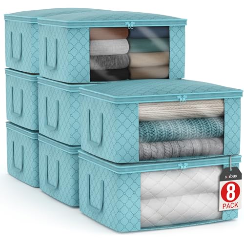Sorbus Medium Clothes Storage Bags - Foldable Blanket Storage Bins for Organizing Bedroom, Closet, Clothing, Comforter, Organization with Clear Window, Lids and Carry Handles - Set of 8 - color: Aqua, size: 8 Pack Large