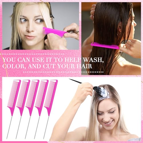 Patelai 30 Pcs Rat Tail Steel Combs Fine Tooth Bulk,Rose Red | Long Steel Pin Pintail Bulk for Salon Hair Stylists ,Hair Teasing Fine Tooth Comb for Women,Teasing Detangling Tools - color: Rose Red