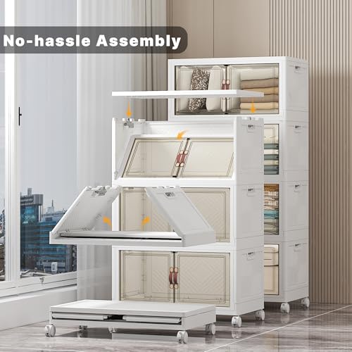 UAMFURI Stackable Storage Bins, 448QT Collapsible Drawers with Lid & Wheels | Large Capacity, Magnetic Door, Stack Lock, Rolling Casters, Foldable Design, Organizers and Storage for Bedroom Dorm Garage - color: White-112qt, size: 4Pack with 1 top lid