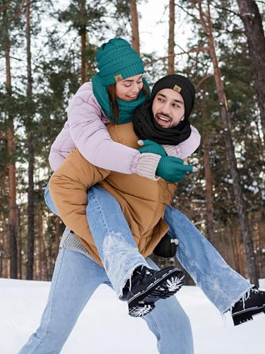 LOROME Winter Beanie Hat Scarf Gloves, Warm Fleece Knit Neck Scarf Set Gift | Hats Gloves Scarf Set, Touchscreen Gloves, Universal Size Neck Scarf Set Winter Gifts for Unisex Adult Winter Wear - color: Blue Green
