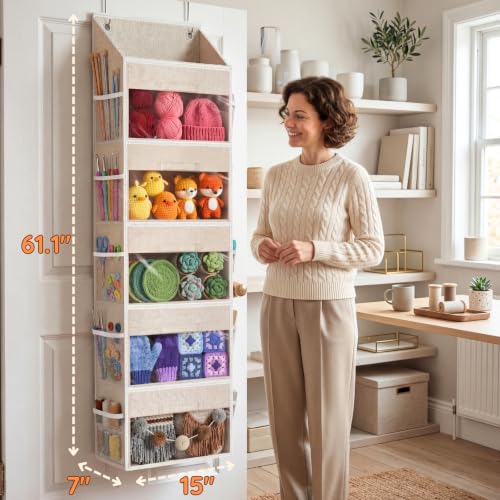 Ofiray-home Hanging Yarn Storage Organizer with 5 Drawers | Over Door Large Capacity Knitting Organizer Storage &10 Side Pockets, Hanging Yarn Holder for Knitting Needles, Crochet Hooks