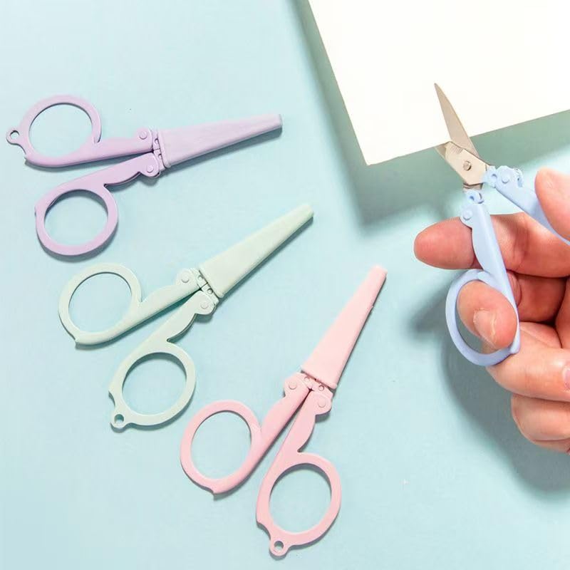 Pastel Mini Folding Scissors with Safety Cap Small Portable Travel Scissors Little Badge Scissors Yarn Shears Kids Tiny Cutter for Cutting, Scrapbooking, Crafting, Sewing,Pink - color: Pink