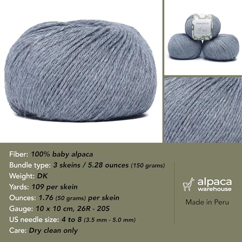 100% Baby Alpaca Yarn 3 Skeins 150g DK Weight Knitting Crochet H. Sky Blue | Made in Peru with natural warmth and softness featuring 327yd of premium fiber ideal for scarves shawls sweaters and more - color: Heather Sky Blue, size: DK